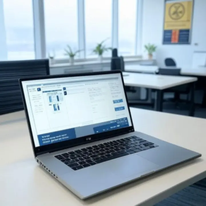 Laptop met veilig online checkoutproces voor veiligheidsproducten in een moderne kantooromgeving