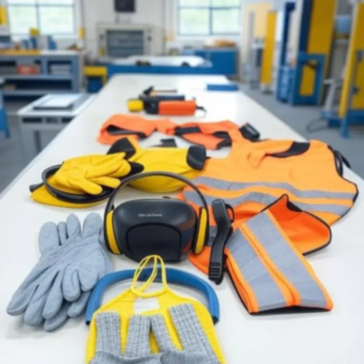 Overzicht van werkplekveiligheidsproducten zoals handschoenen, vesten en veiligheidsborden