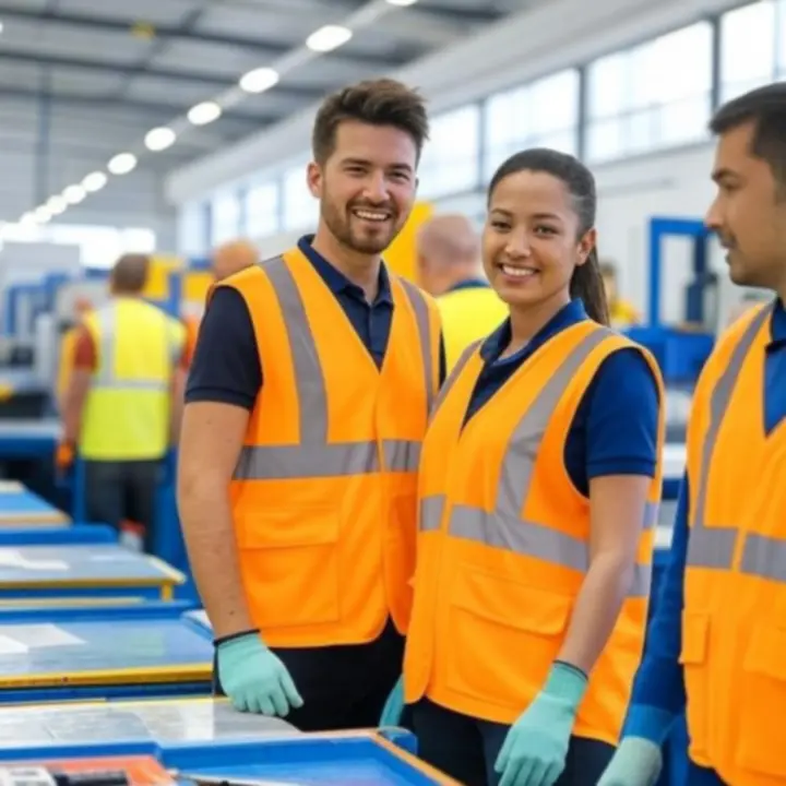 Professionele werkplek met veiligheidsuitrusting zoals handschoenen, vesten en borden