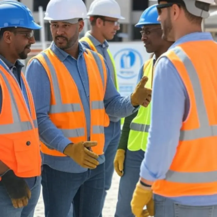 Bouwteam met veiligheidsvesten en helmen in een industriële omgeving