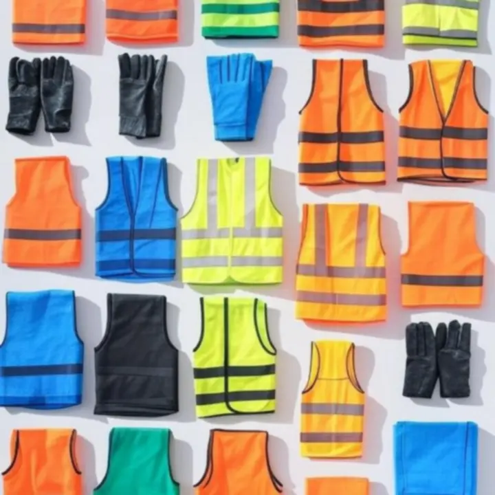Visueel overzicht van werkhandschoenen, veiligheidsvesten en waarschuwingsborden