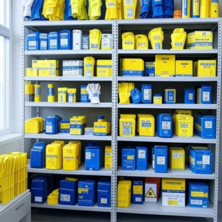 Overzicht van werkplaatsveiligheidsproducten zoals handschoenen, veiligheidshesjes en waarschuwingsborden