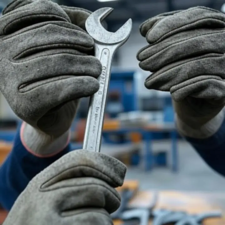Werknemer die snijbestendige veiligheids-handschoenen draagt tijdens metaalbewerking